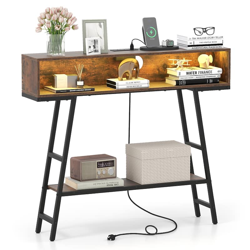 Gymax 40'' Console Table w/ Power Strip 3-Tier Entryway Table w/ RGB - Brown - MDF