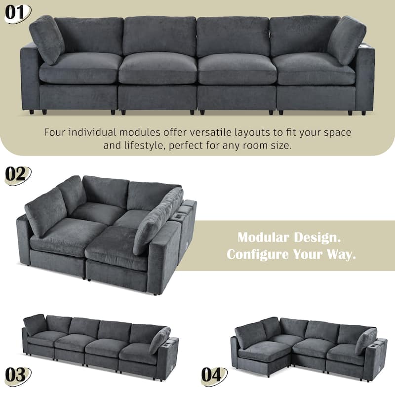 Modular Sofa with Charging Ports & Bluetooth Speaker, 4 Seat Straight Row Sectional Sofa Convertible L-Shaped Sleeper Couch