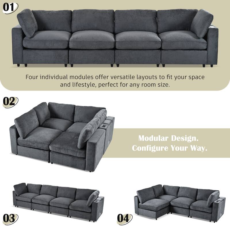 Upholstered Modular Sofa with USB Charge Ports and Wireless Charging, Built-in Bluetooth Speaker, Sectional Couch