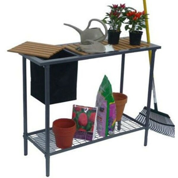 Outdoor Metal Garden Bench Work Table with Wood Top 15L x 39W x