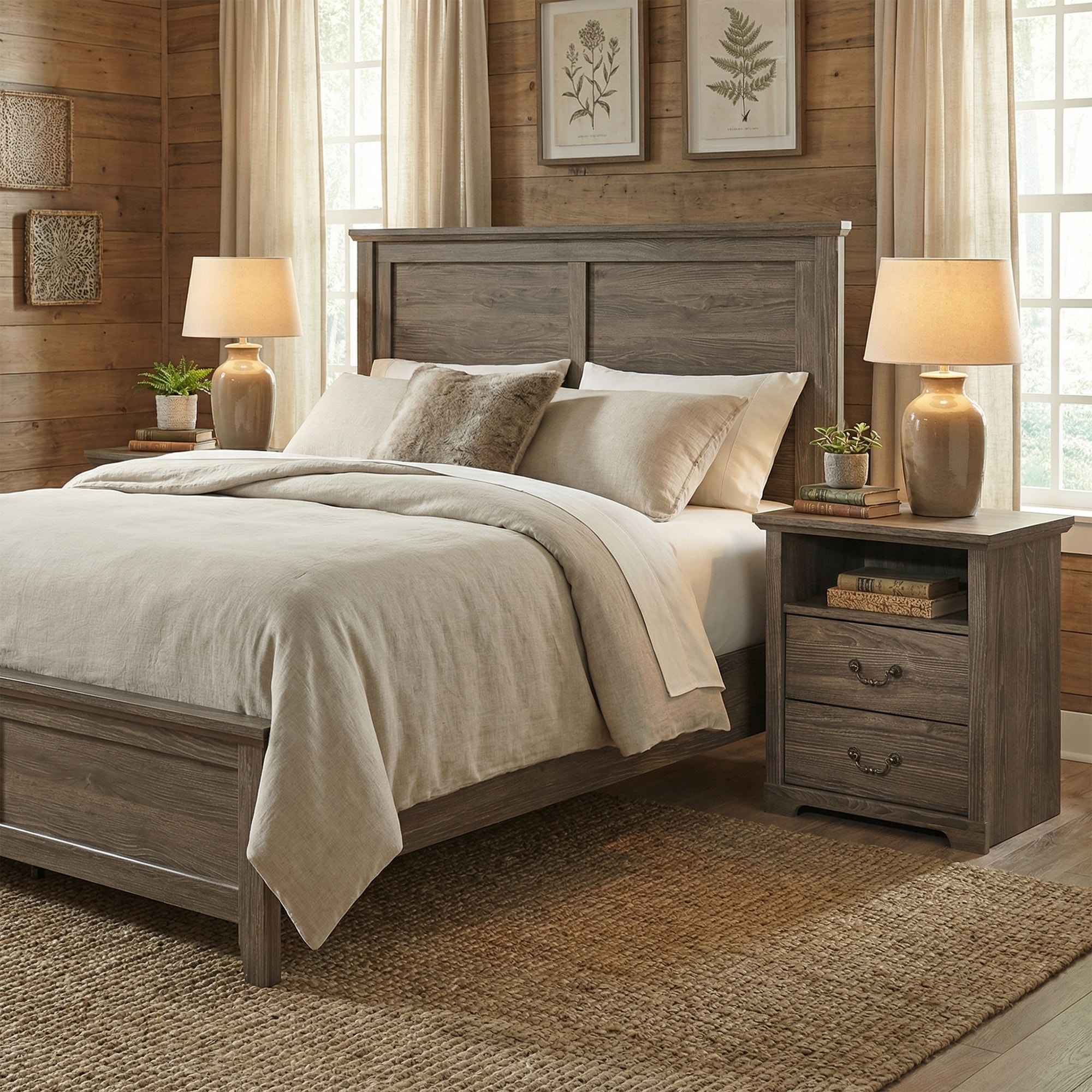 Set of 2 Dark Gray Wood Transitional Nightstands with Open Shelf and 2 Drawers