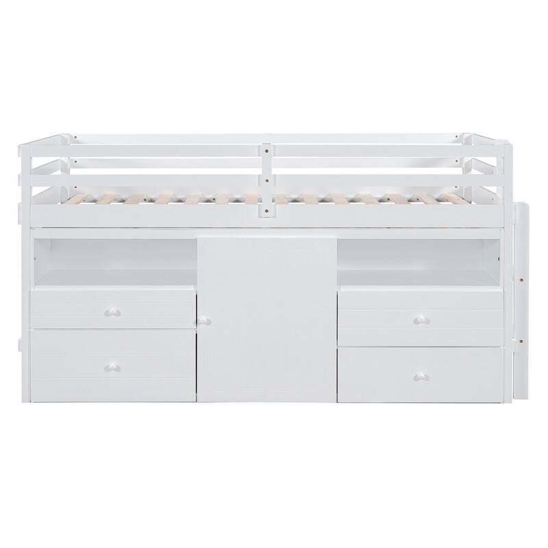 Twin Size Loft Bed with 4 Drawers, Underneath Cabinet and Shelves