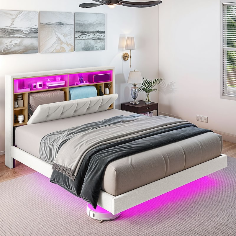 King Size Floating Bed Frame with Bookcase Storage Headboard and RGB LED Lights