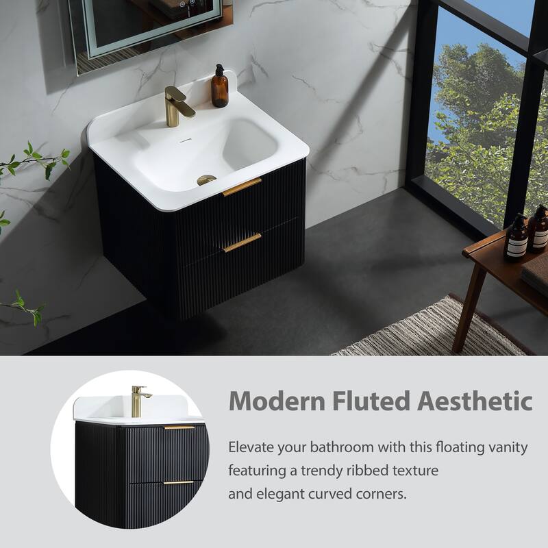 Modland Fluted Floating Vanity with Sink, Plywood Wall Mount Cabinet, Curved Edge, 24/30/36 Inch