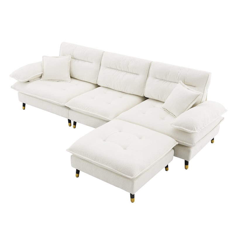 White 106'' L-Shaped 4 Seater Convertible Sectional Sofa with Adjustable Two-Tone Legs, Movable Ottoman