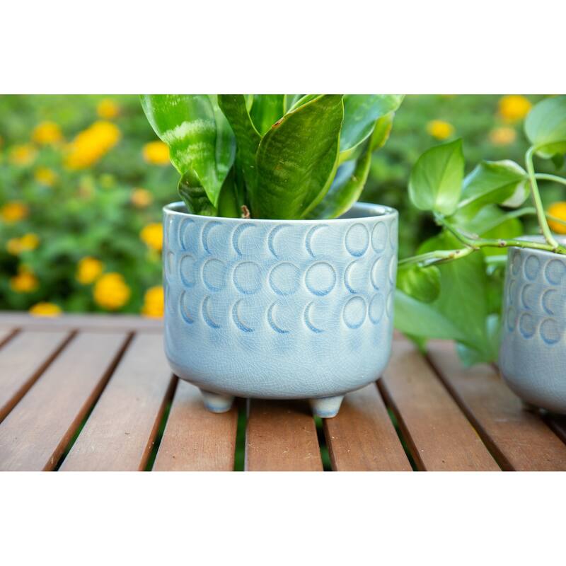 6IN & 4.75IN SMALL MOON PHASE FOOTED PLANTER,SET OF 2, Glass Blue