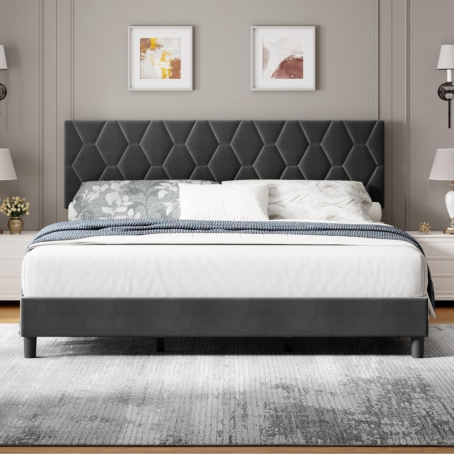 Heavy-Duty Platform Bed Frame, with Height Adjustable Fabric Headboard