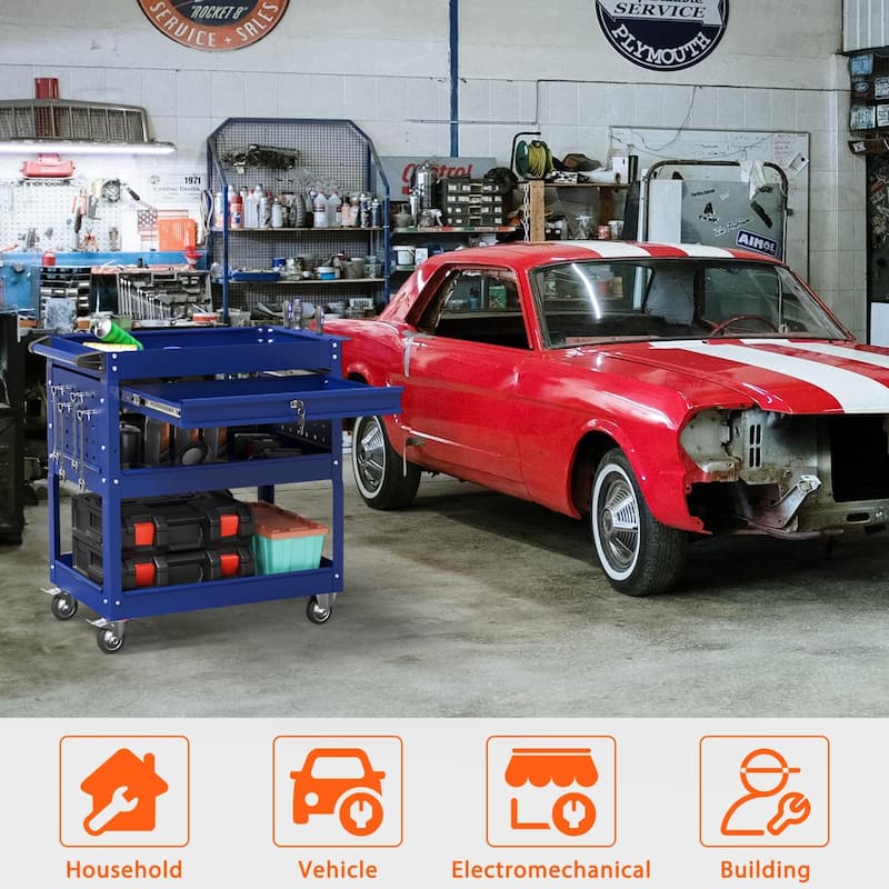 3-Tier Rolling Tool Cart on Wheels for Mechanics with Utility Drawer