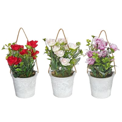 Artificial Roses In Cement Hanging Pot (Asstd) - Set of 3 - White