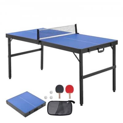 Blue Mid-Size Foldable Ping Pong Table with Net Set and Carry Handle - 60” L x 26” W x 28” H