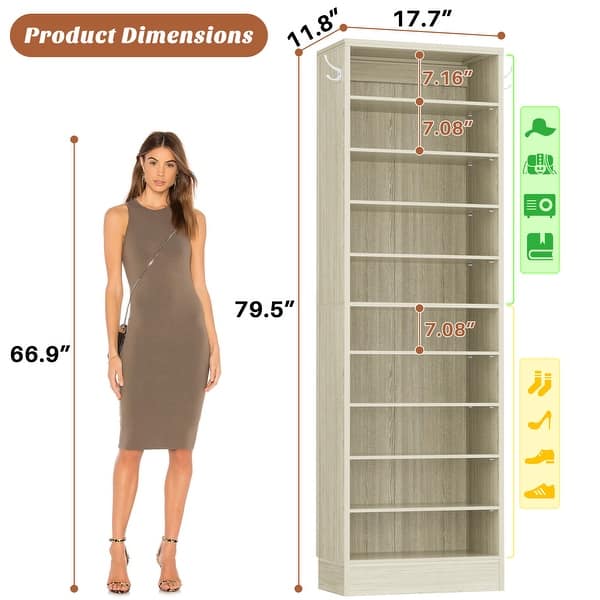 dimension image slide 1 of 10, Freestanding 10-Tier Shoe Storage Cabinet,Narrow Wood Shoe Rack Shoe Organizer,Sturdy Closet Organizer Open Display Cabinet