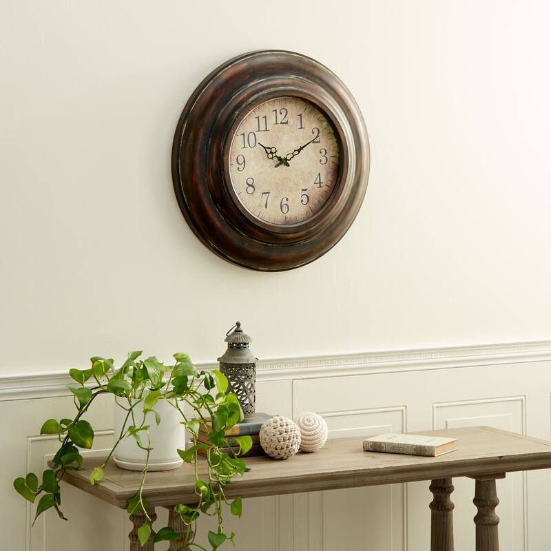 Metal Wall Clock with Fluted Frame - Brown - Roche River Decor - 4"W x 24"L x 24"H
