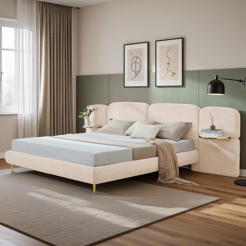 Christopher Knight Home - Thorne Upholstered Bed Frame with Headborad and 2 Side Panel Nightstands - Beige