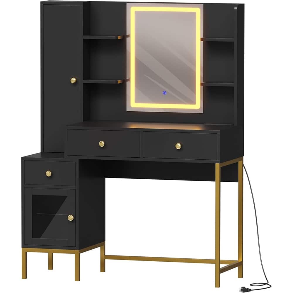 Makeup Vanity with Lights and Charging Station, 3-Color LED Lighted Mirror Vanity Desk