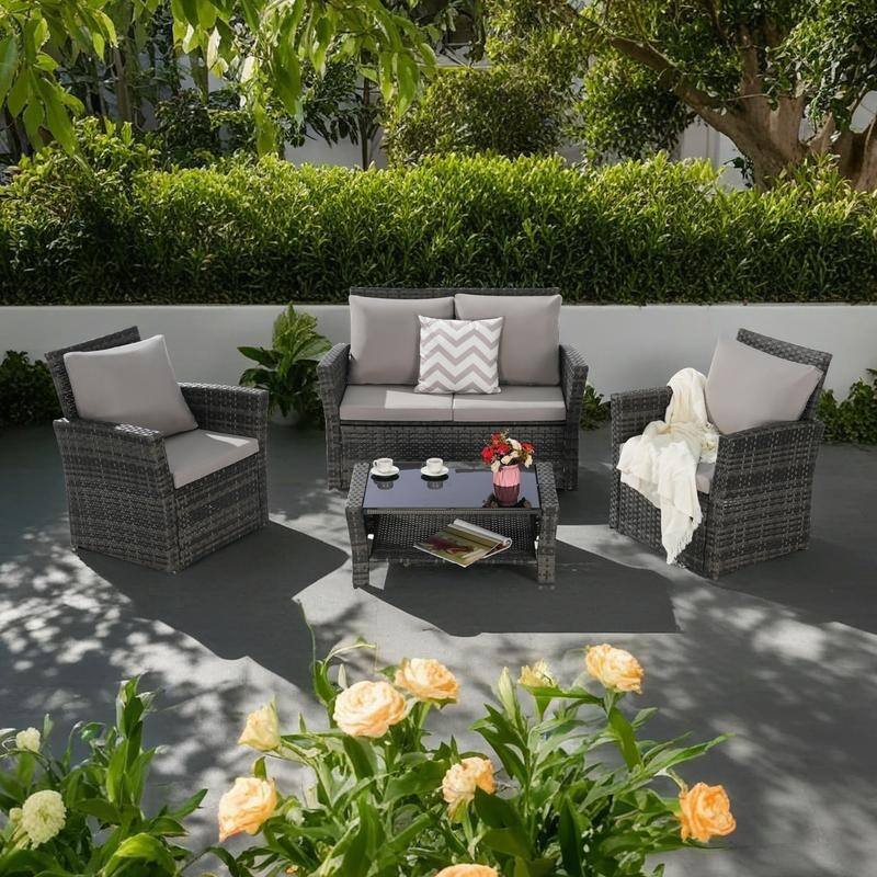 4-Piece Outdoor Patio Rattan Conversation Sofa Set with Tempered Glass Coffee Table - Light Gray