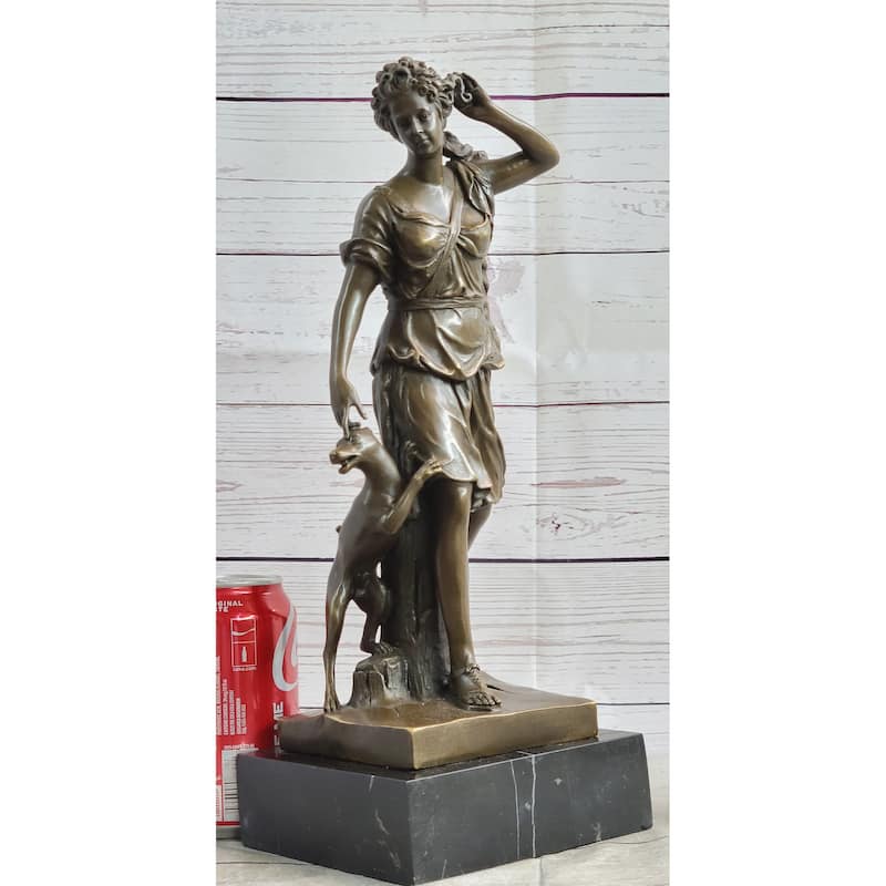 Antoine Coysevox Artemis Diana The Huntress W/ Imitative Dog Bronze Sculpture Statue
