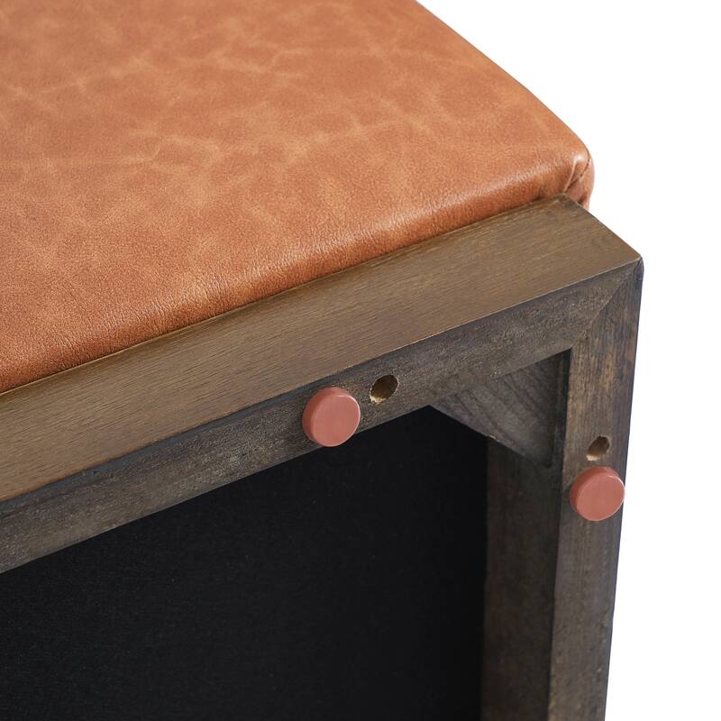 Multifunctional Brown PU Leather Rubber Solid Wood Leg Ottoman