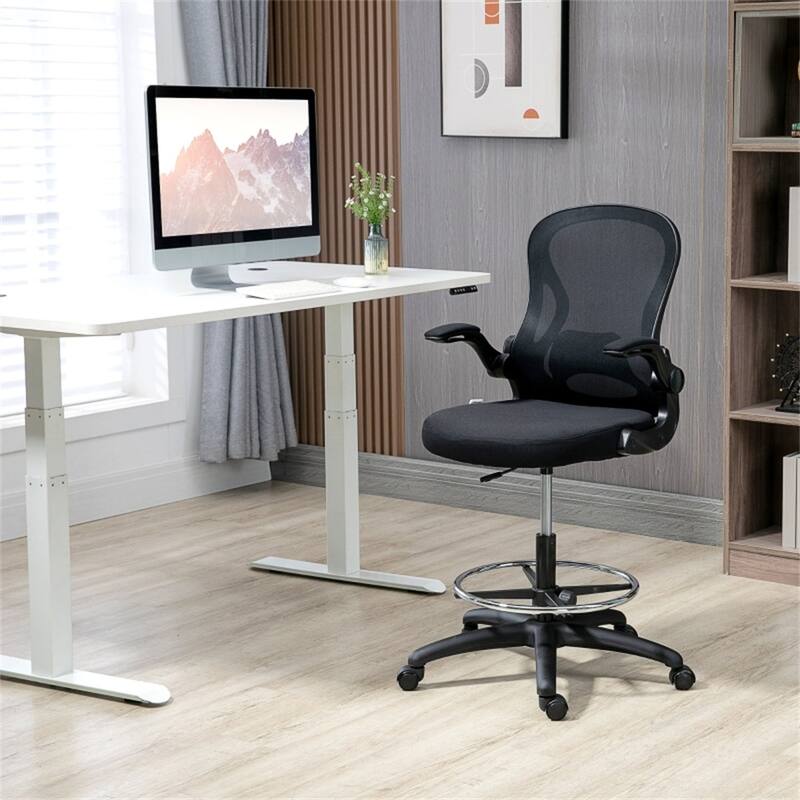 Black Mesh Ergonomic Drafting Chair with Lumbar Support and Footrest - 23.2" W x 25.6" D x 40.2"-48" H