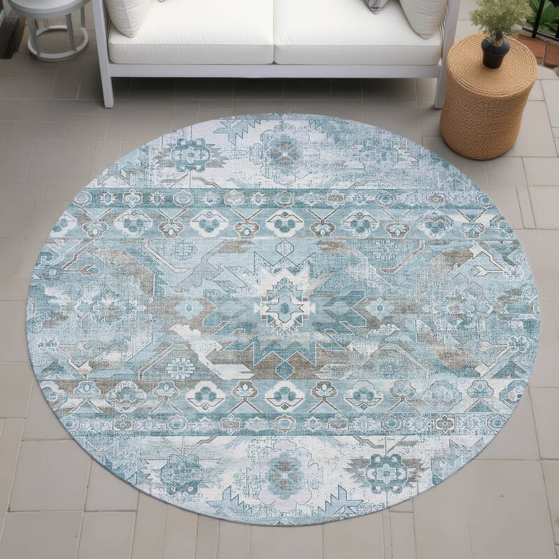 Machine Washable Indoor/ Outdoor Traditional Hudson Chantille Rug - Teal - 8' x 8'