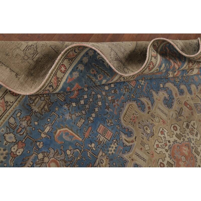 Blue Tabriz Vintage Persian Rug Handmade Wool Carpet - 9'10" x 12'9"