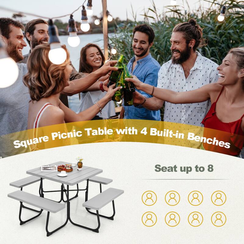 Gymax Outdoor Picnic Table 8-person Square Picnic Table Bench Set w/ 4