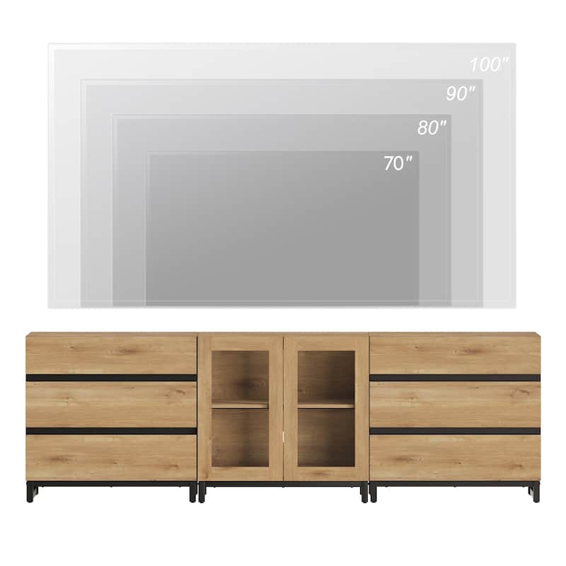 3 In 1 TV Stand for Tvs Up to 100 Inch, Modern TV Console with Glass Doors and 6 Drawers, Entertainment Center for Living Room