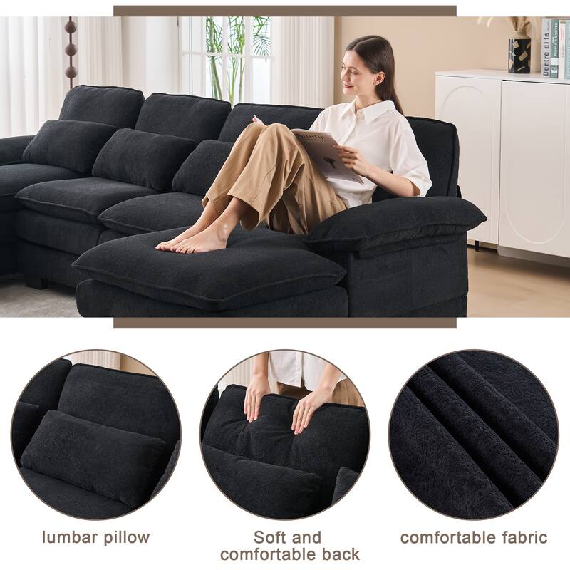 U Shape Cloud Couch 111.8",4-seat Velvet Fabric Upholstered Sofas with Chaise Lounge & Pillows