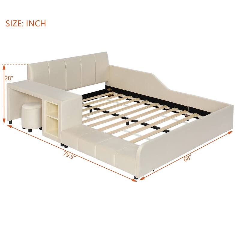 Roomfitters Full/Queen Size Upholstered Grounded Platform Bed with Bedside Desk and Round Stool, Velvet Fabric Bed Frame