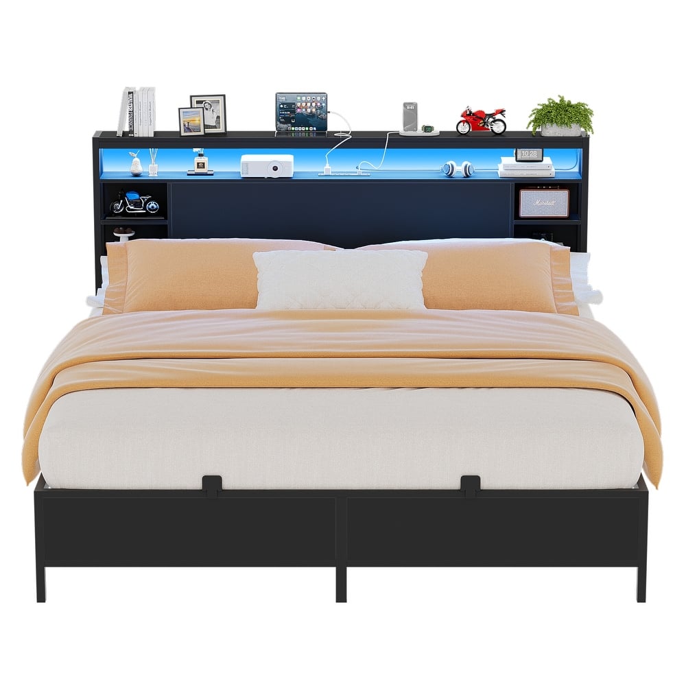Bed Frame with Charging Station and RGB LED Lights, Sturdy Platform Bed with Storage Headboard,