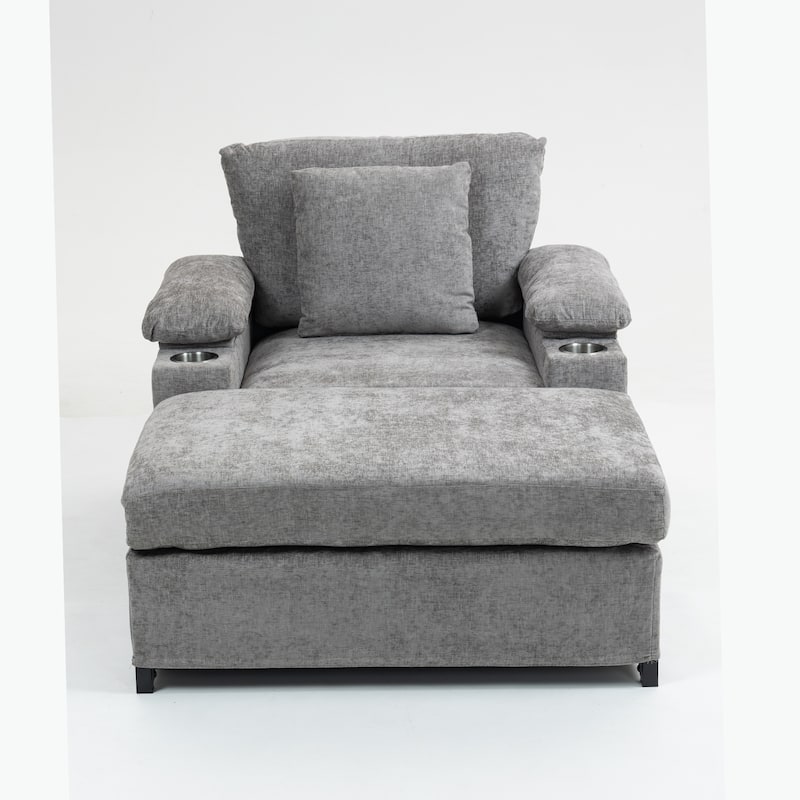 Modern Oversized Chaise Lounge Chair with Ottoman, Chenille Fabric Sofa Bed, Single Accent Chair with Cupholders, USB Ports