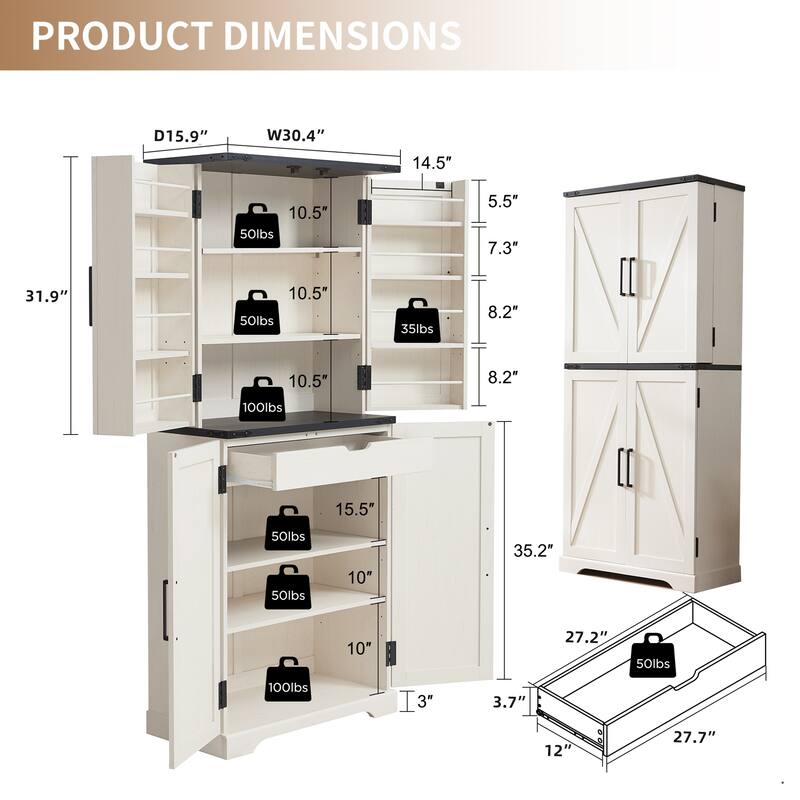 Farmhouse Wood Pantry Cabinet with Barn Doors, Adjustable Shelves