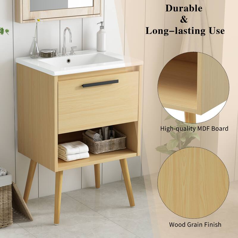 24" Bathroom Vanity with Sink Combo, Multi-functional Bathroom Cabinet with Drawer, MDF Board, Natural