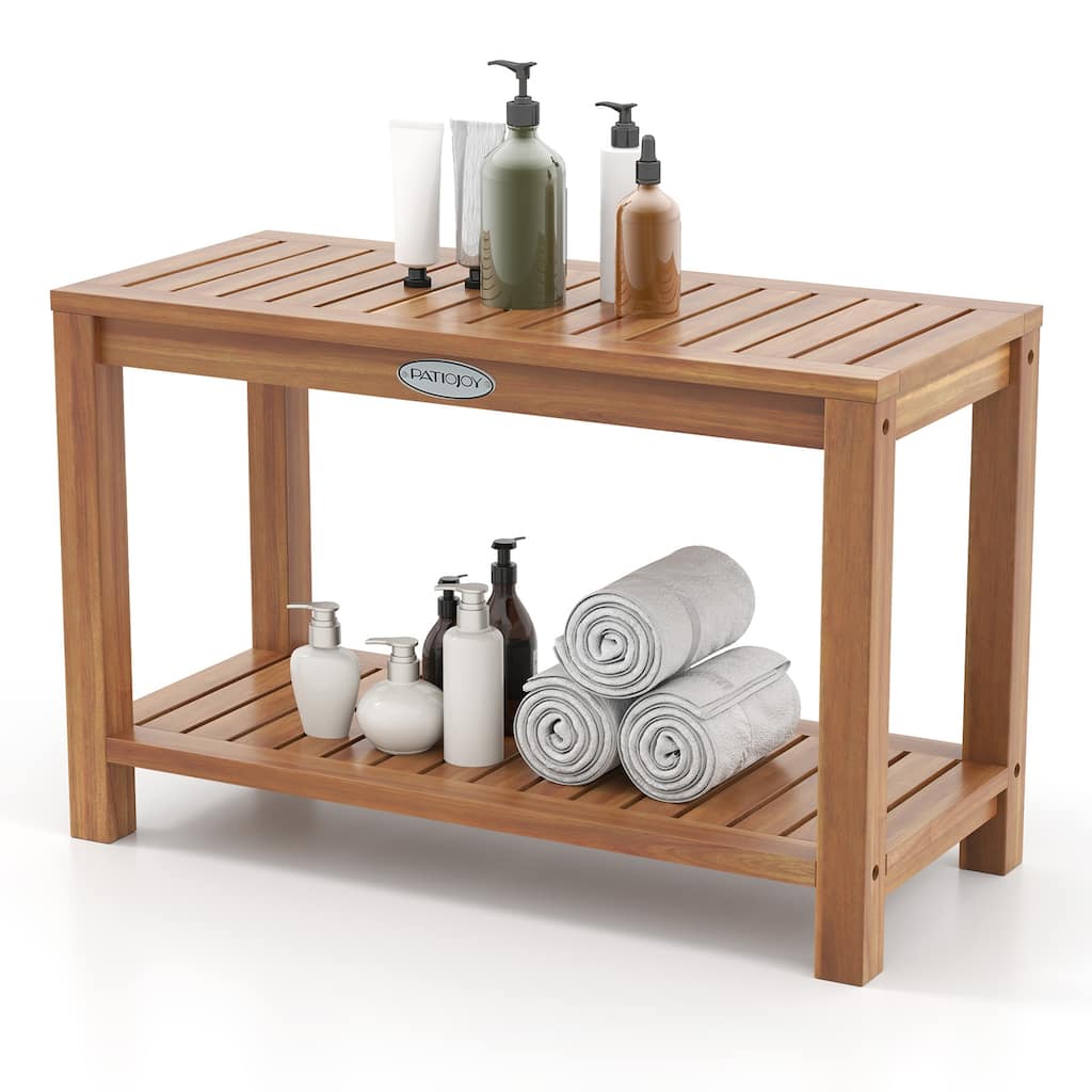 Gymax 30 Inch Teak Wood Shower Bench Inside Shower Stool w/ Storage