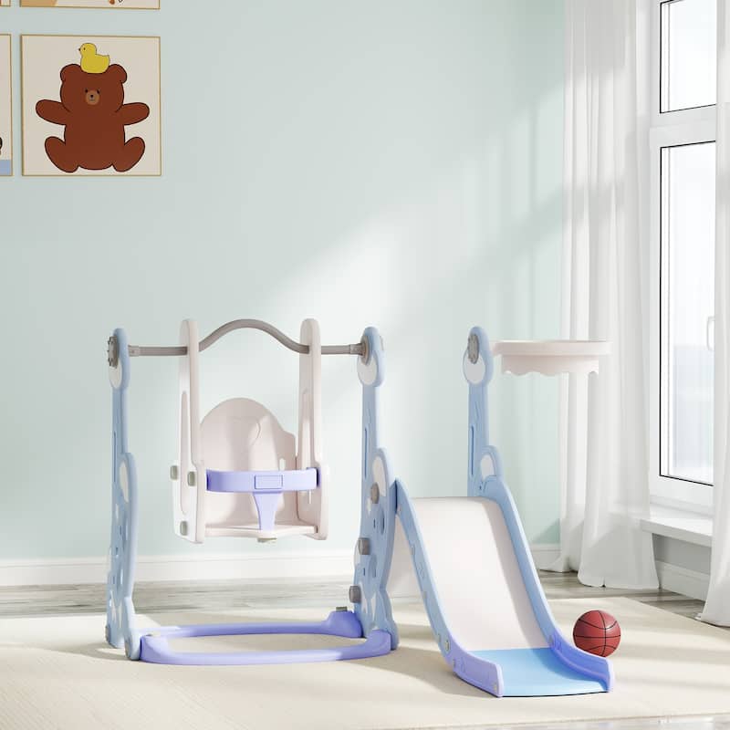 Outdoor Toddler Playset with Slide Swing Climber Platform and Basketball Hoop Activity - 58.1" L x 63" W x 42.1" H