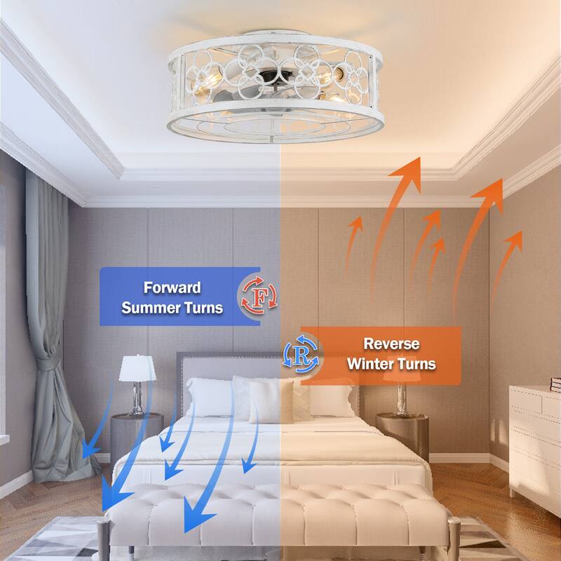 20" Oaks Aura Modern Farmhouse Distressed White Ceiling Fan with Light, Flush Mount Caged Ceiling Fan with Remote for Bedroom
