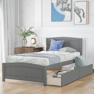 Twin Size Platform Bed with Built-In Storage Drawers Solid Wood Frame with Slatted Support
