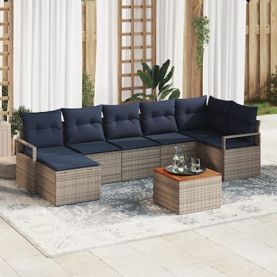 vidaXL 8 Garden Sofa Set with Cushions Black/Grey Poly Rattan - 113 x 48 x 27.2