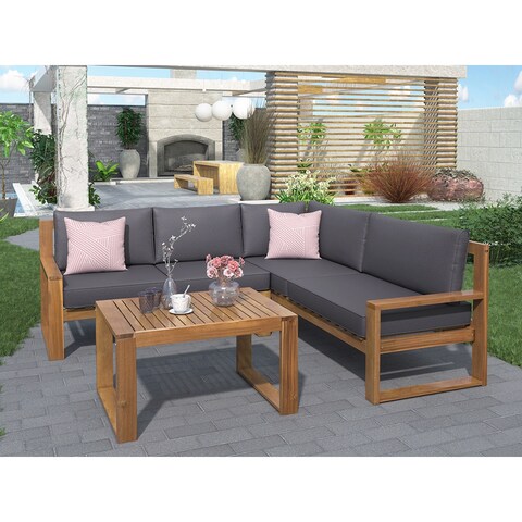 Outdoor 3-Piece Patio Sectional Set Wood and Grey Cushions Ideal