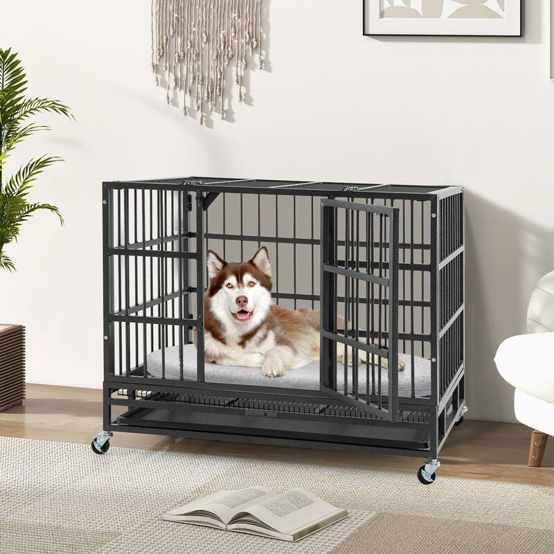 Foldable Heavy-Duty Metal Dog Cage with Lockable Rolling Casters and Tray - 38-Inches