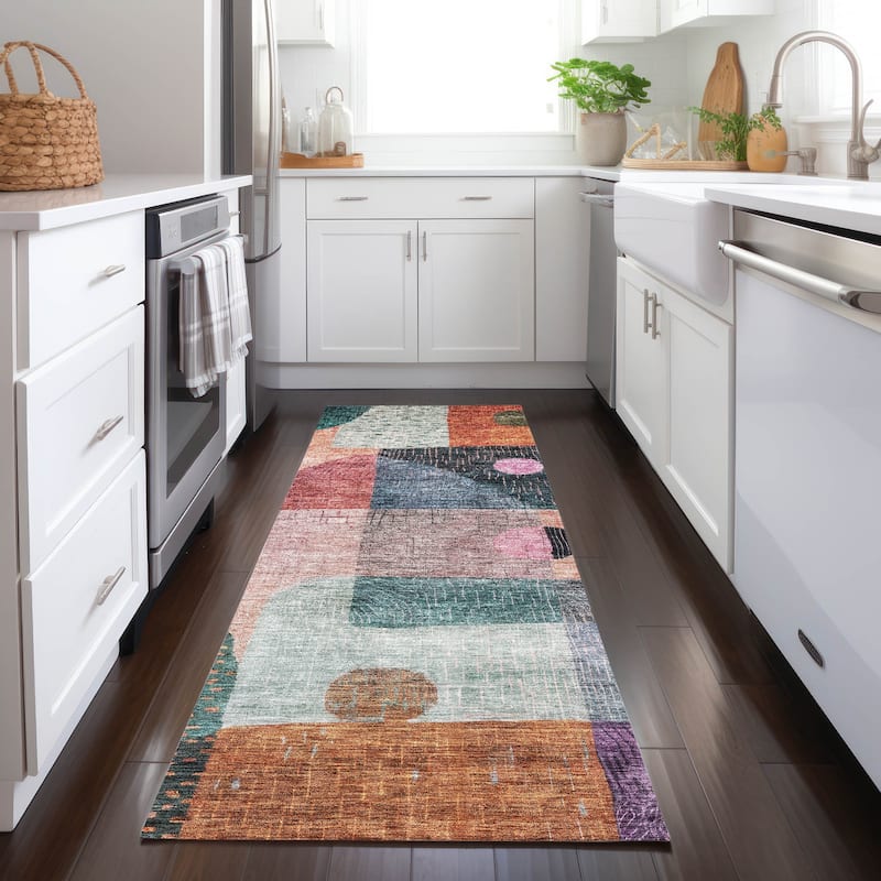 Machine Washable Indoor/ Outdoor Contemporary Geo Chantille Rug - Orange - 2'3" x 7'6"