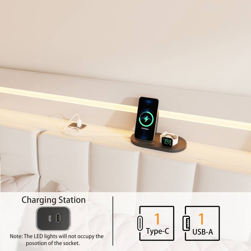 Full Floating Bed Frame with LED Light and Charging Station