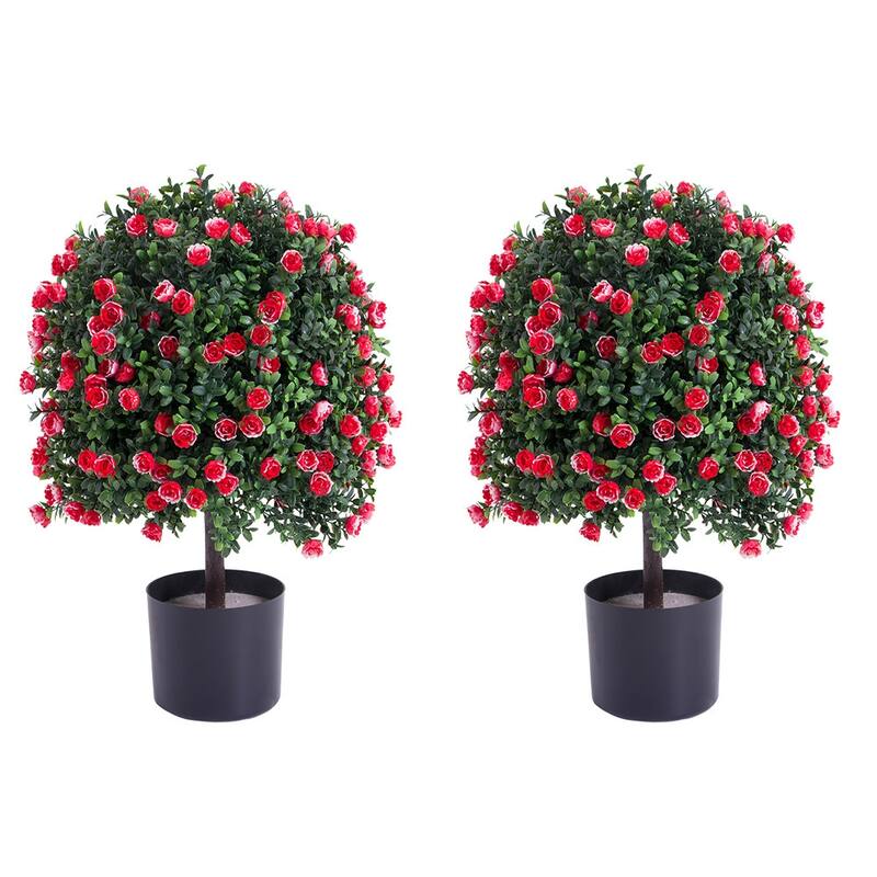 2 pcs Potted Artificial Boxwood Rose Topiary Ball Tree for Porch Garden Backyard - 21.65" - 21.65"