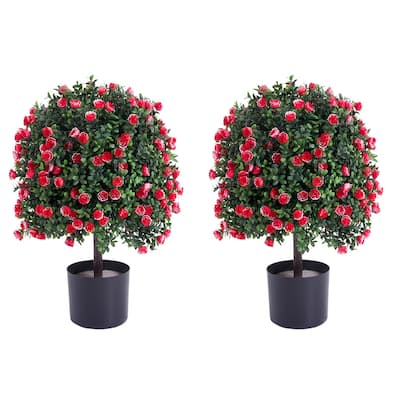 2 pcs Potted Artificial Boxwood Rose Topiary Ball Tree for Porch Garden Backyard - 21.65"