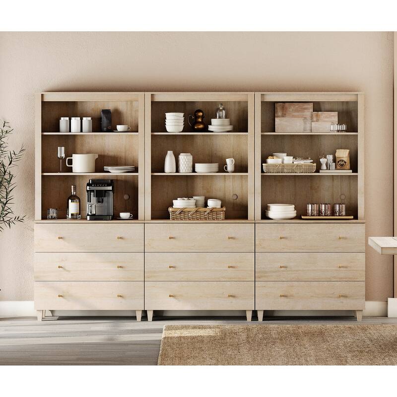 Modern 71" Tall Pantry Cabinet with Drawers & Adjustable Shelf for Kitchen - 9 Drawers - Natural Oak