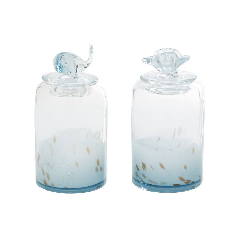 Blue Glass Handmade Shell Living Room Decorative Jars with Whale and Seashell Tops (Set of 2) - 5 x 5 x 9