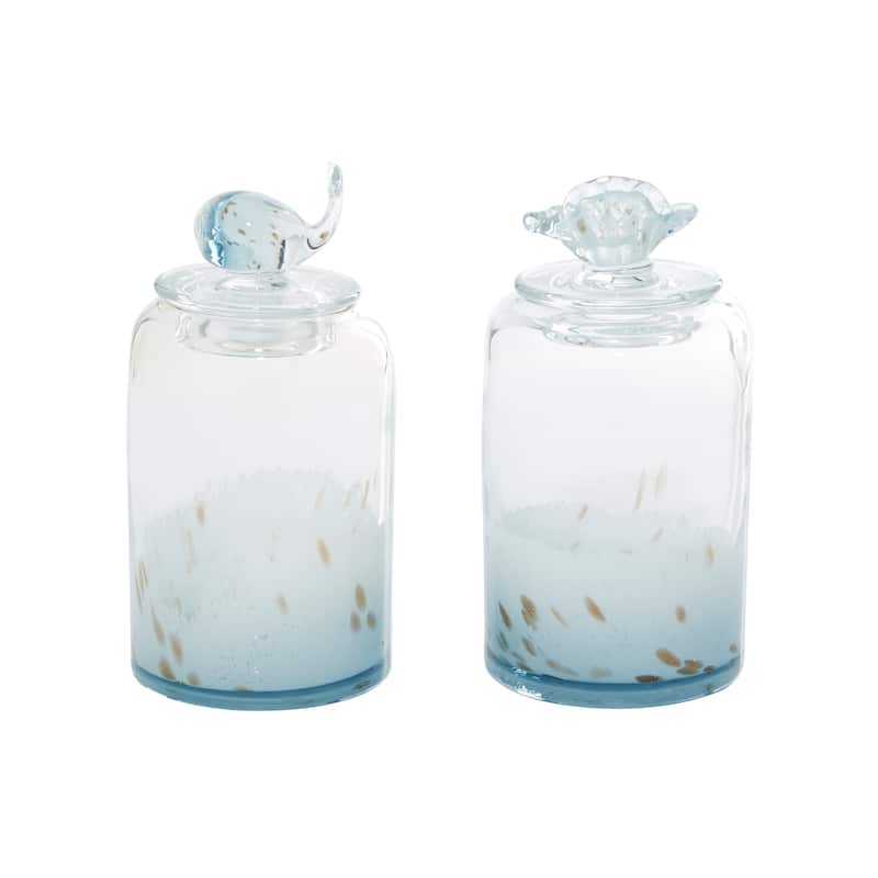 Glass Shell Handmade Decorative Jars with Whale and Seashell Tops - Set of 2 Blue - Roche River Decor - 5"W x 5"L x 9"H