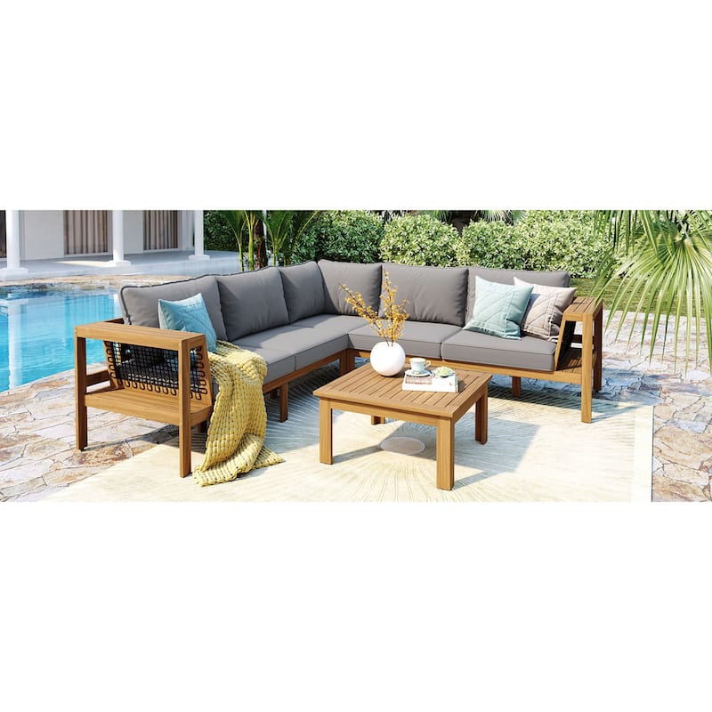 Roomfitters 4-Piece Outdoor Sectional Sofa Set with Coffee Table and Built-in Side Shelves, Wood Frame