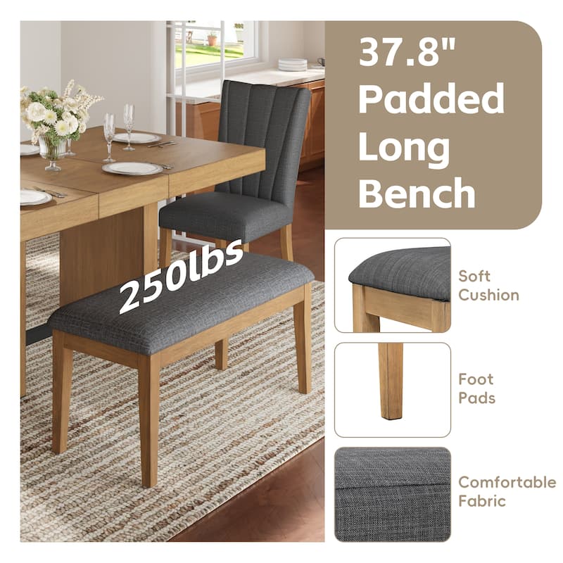 Farmhouse Extendable Wood Dining Table Set with Bench, 4 Upholstered Chairs and Trestle Legs, for Kitchen, Dining Room, Gray