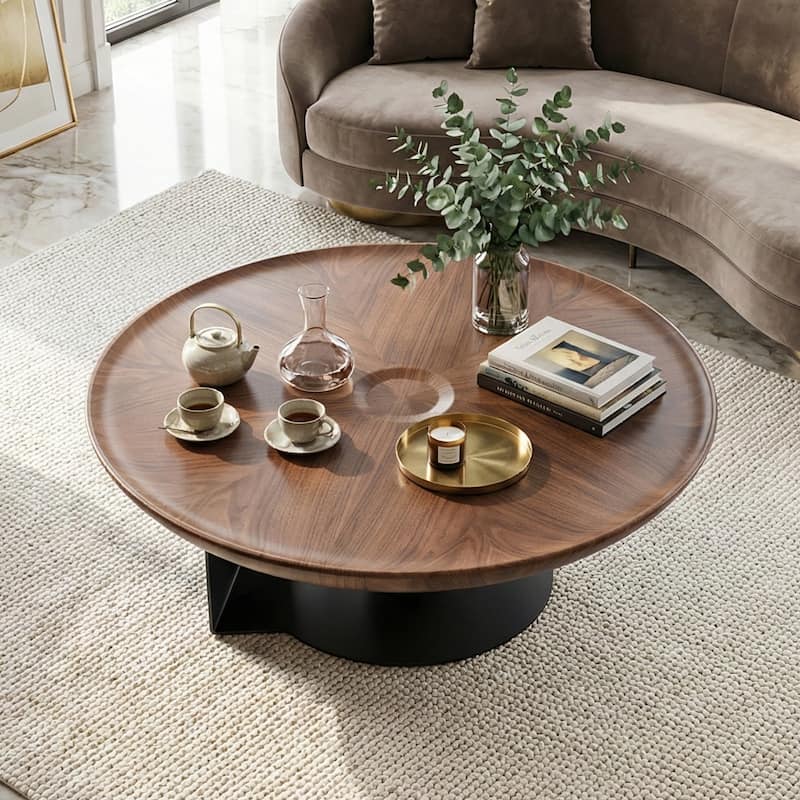 Modern Round Coffee Table with Walnut Finish MDF Top & Stainless Steel Base