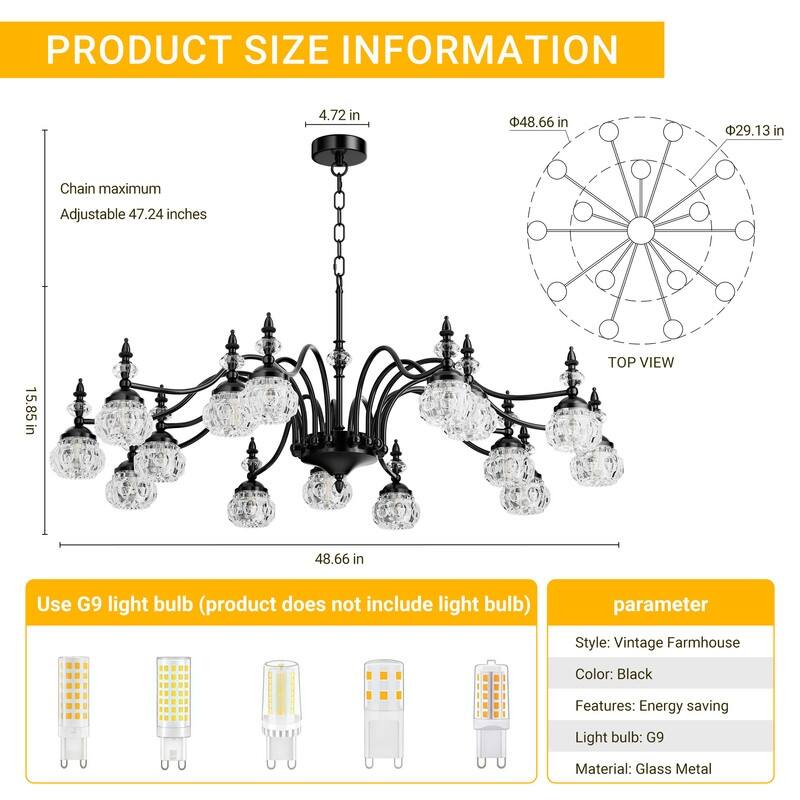 Modern Crystal Chandelier with Crystal Glass Shade Black Farmhouse Chandelier for Kitchen Island